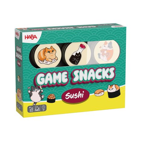 „Game Snacks“ und „Sushi“ auf grünem Hintergrund mit süßen Katzenillustrationen und Sushi-Motiven.