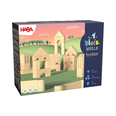 "My First Block World Basic Blocks" in bunten Buchstaben auf einer Spielzeugverpackung mit Holzwürfeln und grüner Landschaft.