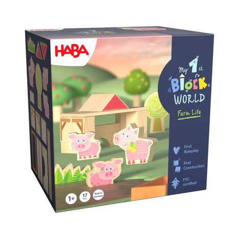Text: HABA, My 1st Block World, Farm Life, First Roleplay, First Construction, FSC-certified, 1+, 17 PCS, Made in Germany.  
Illustration: Holztiere und Bauernhof.