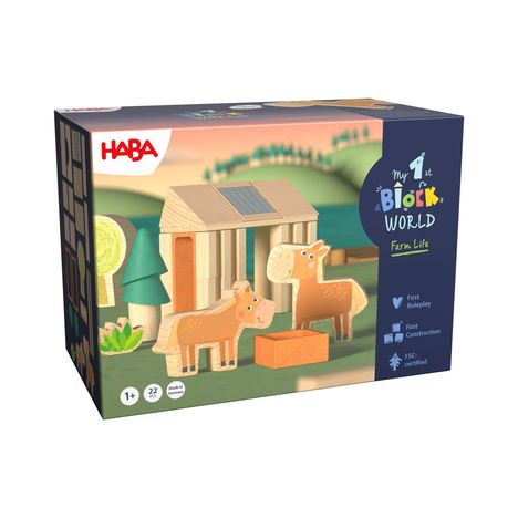 "My 1st Block World", "Farm Life", HABA-Logo. Zeigt Holzbauklötze und Tiere in einer ländlichen Szene.