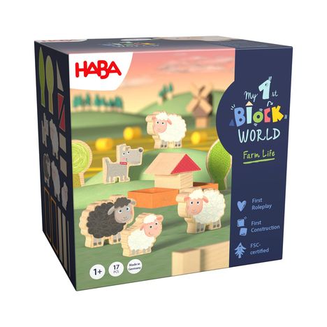 "My 1st Block World: Farm Life" - Eine Spielzeugverpackung mit Schaf- und Hundfiguren aus Holz in einer Bauernhofszene.