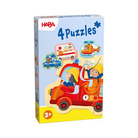 "4 Puzzles", 2+. Illustration von bunten Einsatzfahrzeugen: Feuerwehrauto, Krankenwagen, Hubschrauber, Polizeiauto.