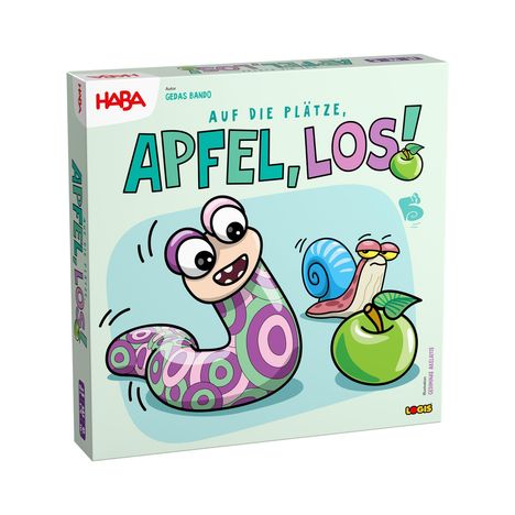 „Auf die Plätze, Apfel, los!“. Fröhlicher Wurm und Schnecke mit Äpfeln; HABA-Logo oben links.