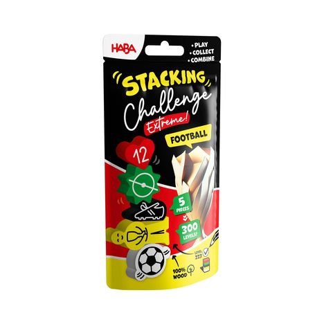 Text: "STACKING Challenge Extreme! FOOTBALL, 12, 5 PIECES, 300 LEVELS". Illustration einer Spielpackung.