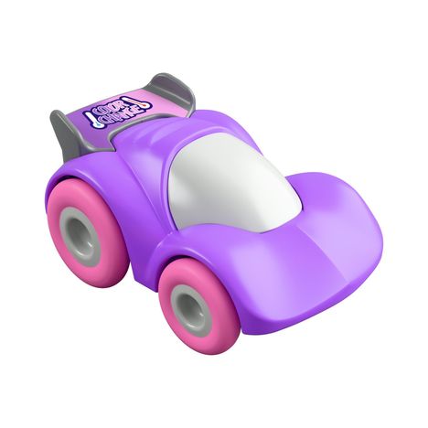 Text: "Color Shifters". Ein kleines, lila Spielzeugauto mit pinken Reifen und grauem Heckspoiler.