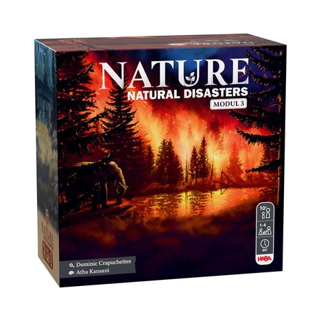 Titel: "NATURE NATURAL DISASTERS MODUL 3". Illustration: Waldbrand in einem dunklen Wald, Reflexion im Wasser.
