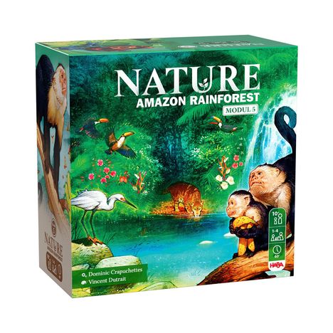 „NATURE AMAZON RAINFOREST MODUL 5“ steht auf dem Karton. Illustration zeigt Dschungelszene mit Affen, Vögeln und Wasserfall.