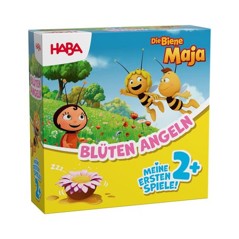 „Die Biene Maja“, „BLÜTEN ANGELN“, „MEINE ERSTEN SPIELE 2+“. Illustration von Biene Maja in Blütenwiese mit Freunden.