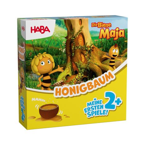 „HABA“, „Die Biene Maja“, „HONIGBAUM“, „MEINE ERSTEN SPIELE 2+“. Zeichnung: Biene Maja neben einem Baum.