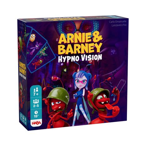 Titel: "ARNIE & BARNEY HYPNO VISION". Illustration: Zwei rote Ameisen in Helmen, blauhaariges Mädchen mit Brille, bunte Spielkarten.