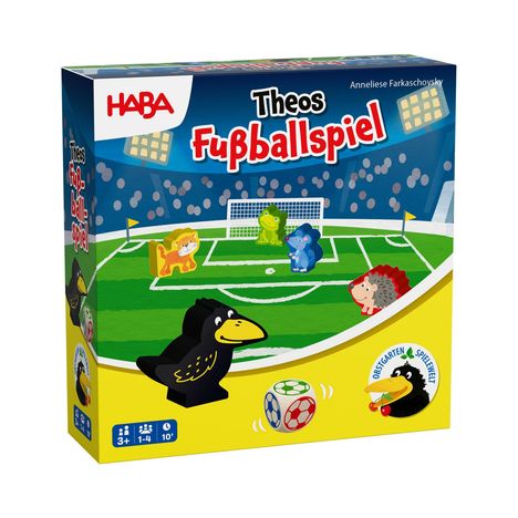 "Theos Fußballspiel", HABA-Logo, Tiere auf Fußballfeld, Würfel in Rot, Blau, Grün, gelber Vogel, Obstgarten-Spielewelt-Logo.