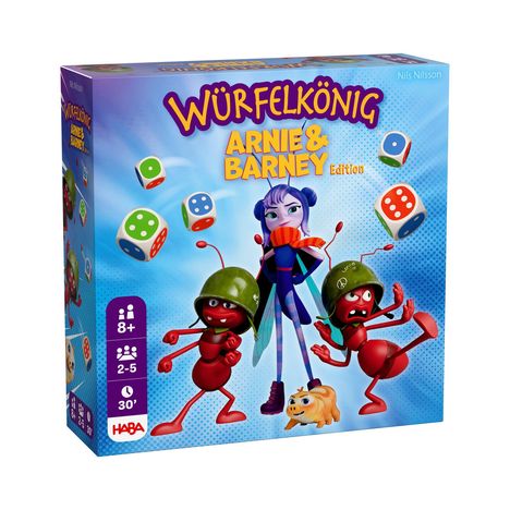 "Würfelkönig Arnie & Barney Edition". Bunte Würfel, zwei Ameisen mit Helmen und eine Figur mit Flügeln. Spieler: 2-5. Ab 8 Jahren.