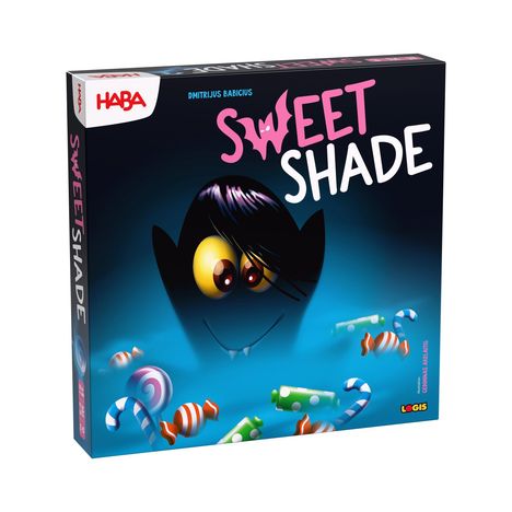 Der Text "HABA", "SWEET SHADE", "DMITRIJUS BABICIUS" ist sichtbar. Illustration eines niedlichen Monsters mit Süßigkeiten.