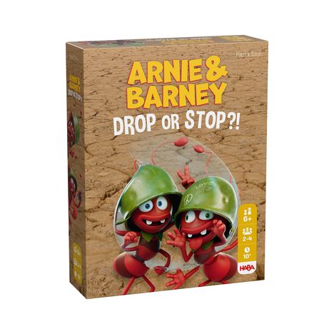 "ARNIE & BARNEY DROP OR STOP?!" Zwei fröhliche Ameisen mit grünen Helmen. Spielinfos: 6+, 2-4 Spieler, 10 Minuten.