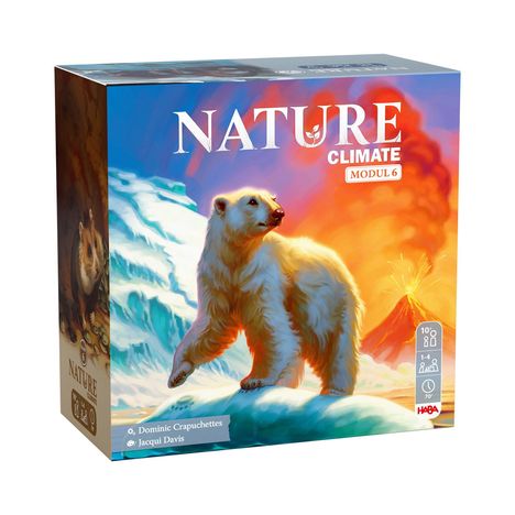 "NATURE CLIMATE MODUL 6". Ein Eisbär auf einer Eisscholle vor einem farbenfrohen Himmel und Vulkan.