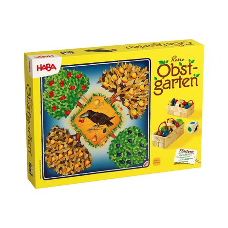 "Obstgarten" und "HABA" in roten und gelben Buchstaben. Darstellung: bunte Bäume mit Früchten, Körbe und ein Würfel.