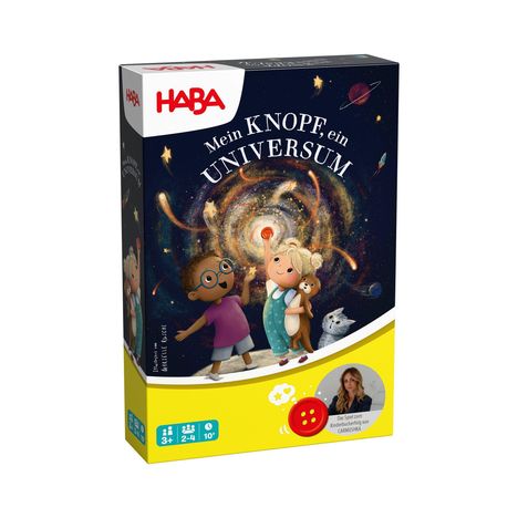 Die Verpackung zeigt: "Mein KNOPF, ein UNIVERSUM". Zwei Kinder im Weltraum, ein roter Knopf, Katzenfigur, dunkelblauer Hintergrund.