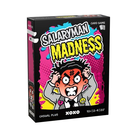 "Salaryman Madness", Kartenspiel. Wütender Mann in Anzug, Comic-Stil, grelle Farben, 10+, 2-9 Spieler, 20 Minuten.
