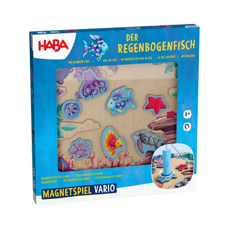 "Der Regenbogenfisch" in Gelb, "Magnetspiel Vario" in Blau. Verpackung zeigt bunte Meeresbewohner als Puzzle.