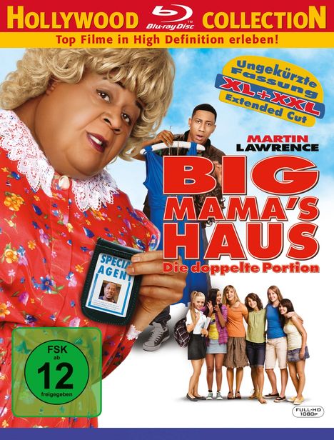 Text: "BIG MAMA'S HAUS: Die doppelte Portion. Ungekürzte Fassung XL+XXL Extended Cut. FSK ab 12 freigegeben."  
Illustration: Frau im roten Kleid mit Blumen.