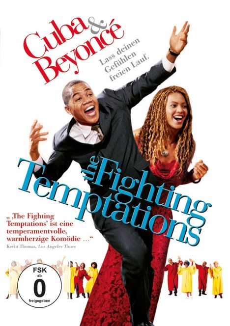 Text: "Cuba & Beyoncé", "Lass deinen Gefühlen freien Lauf", "The Fighting Temptations", FSK 0. Zwei lachende Personen in Anzügen.