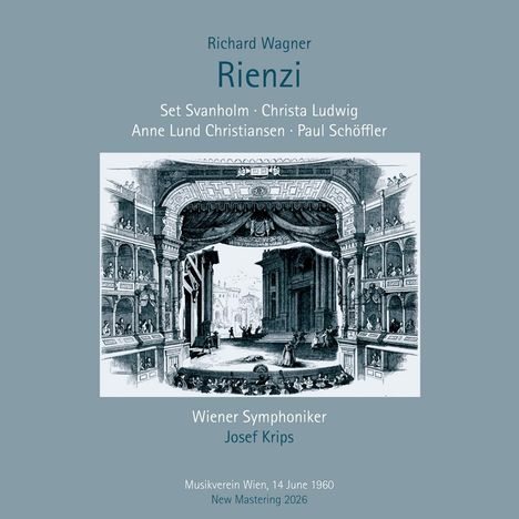 Text: "Richard Wagner - Rienzi", "Set Svanholm, Christa Ludwig", "Wiener Symphoniker, Josef Krips". Illustration: antikes Theater.