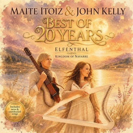 „Maite Itoiz & John Kelly. Best of 20 Years. Elfenthal. Kingdom of Navarre.“ Zwei Personen mit Instrumenten vor malerischem Hintergrund.