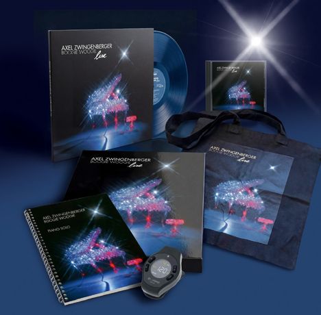 "AXEL ZWINGENBERGER BOOGIE WOOGIE live" auf verschiedenen Produkten, darunter Vinyl, CD, Buch, Tasche und Uhr.