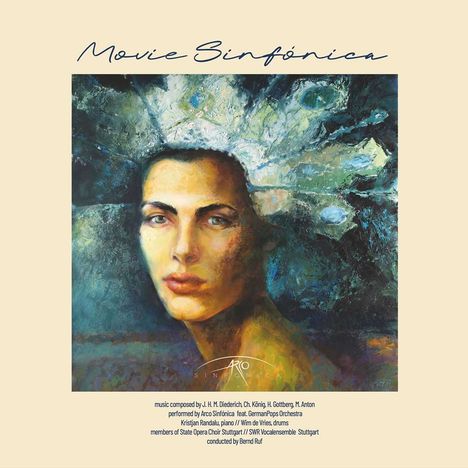 "Movie Sinfónica." Ein impressionistisches Porträt eines Gesichts mit blau-grünem Hintergrund und blumenähnlichen Elementen.