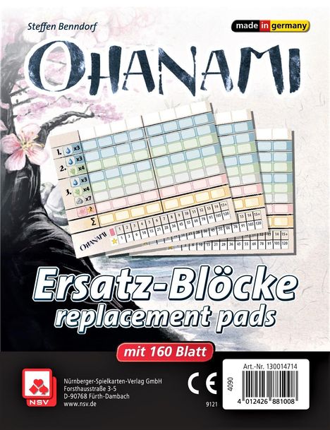 "Ersatz-Blöcke mit 160 Blatt Replacement pads." Oben "OHANAMI" in blauer Schrift, "made in germany" Logo. Blumen-Illustration.