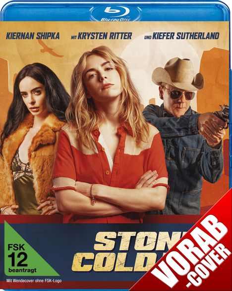 "Vorab Cover", "Stone Cold", "FSK 12 beantragt". Drei Menschen mit entschlossenem Blick; eine Frau im roten Hemd im Vordergrund.