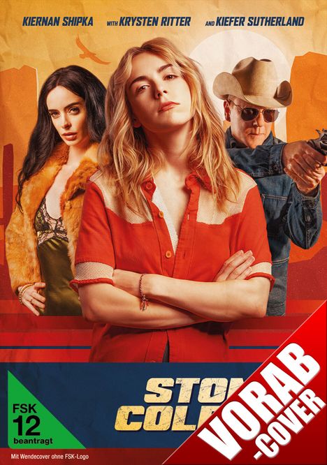 "Frei stehender Text: 'VORAB COVER', 'Storm Warning', FSK 12. Drei Personen: vorne Frau in Rot, seitlich Mann mit Cowboyhut."