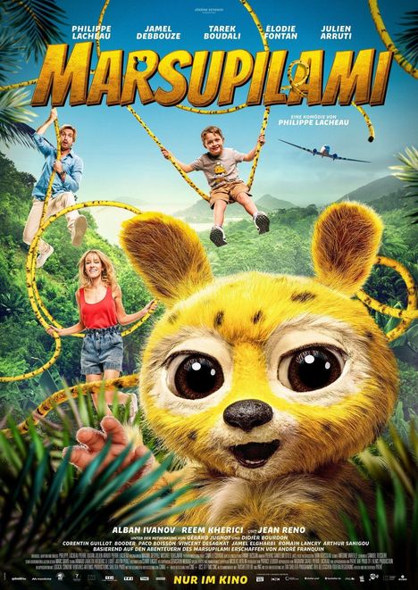 Titel: "Marsupilami". Großes gelbes Tiergesicht im Vordergrund, Menschen schwingen an Lianen im Dschungel.