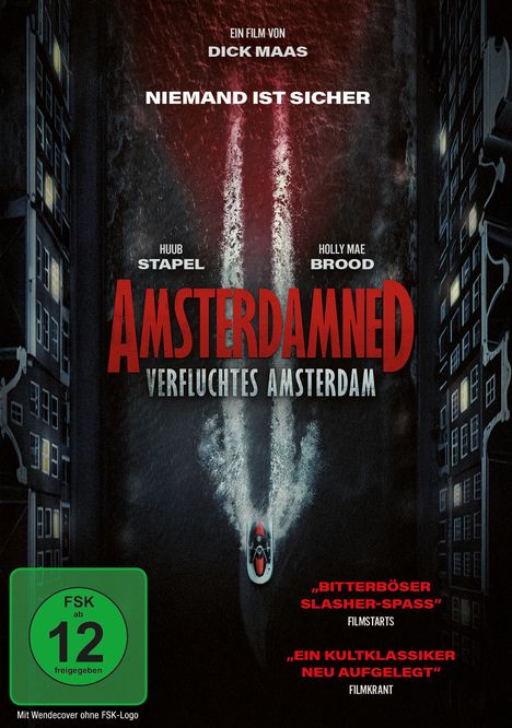 Texte: „Ein Film von Dick Maas“, „Niemand ist sicher“, „Amsterdamed: Verfluchtes Amsterdam“. Illustration: Kanufahrer bei Nacht.