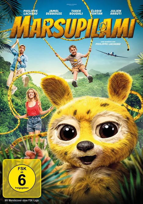 Text: MARSUPILAMI, VORAB COVER.  

Ein lächelndes, gelbes Tier mit großen Augen im Vordergrund; Menschen im Dschungel schwingen an seinem langen Schwanz.
