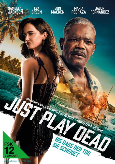 Titel: "Just Play Dead - Bis dass der Tod sie scheidet". Personen: Eine Frau, ein Mann vor einer Explosion. FSK 12.