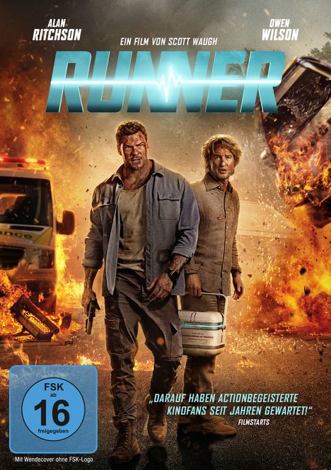 Filmtitel: RUNNER. Männer, einer hält eine Waffe, der andere einen medizinischen Behälter. Hintergrund: Explosionen.