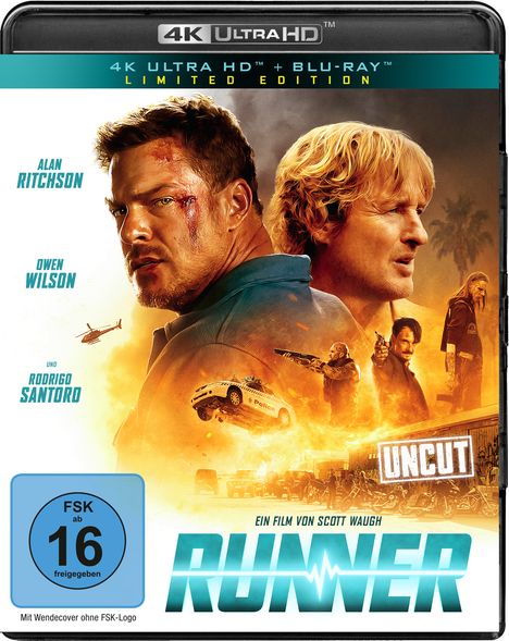 FSK 16 Logo, "4K ULTRA HD", "RUNNER", Gesichter von drei Männern, Helikopter, Explosionen, Polizeiautos, Spannung.