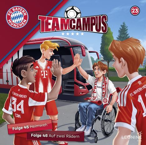 Logo: FC Bayern München. Text: TEAMCAMPUS, Folge 45 Heimweh, Folge 46 Auf zwei Rädern. Illustration: Spieler begrüßen sich.