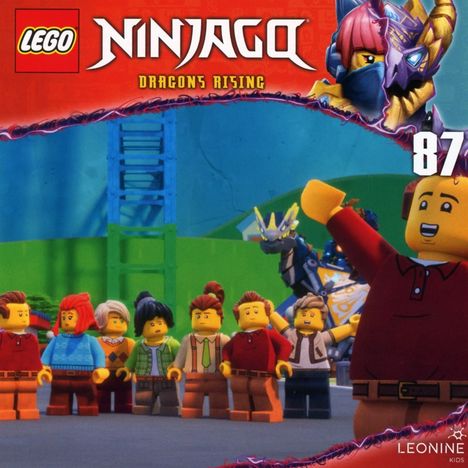 „LEGO Ninjago Dragons Rising 87“. Figuren in freudiger Pose, bunte Kleidung, Hintergrund mit Drache und Turm.
