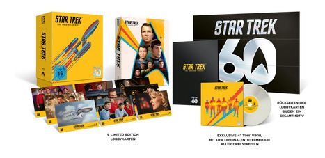 „Star Trek: The Original Series“ Boxset, 60 Jahre, gelb und schwarz, zeigt Figuren, enthält 9 limitierte Edition Lobbykarten.