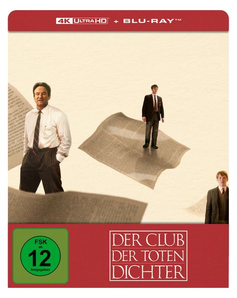 „Der Club der toten Dichter“ steht in weißen Buchstaben auf rotem Hintergrund. Personen stehen auf fliegenden Buchseiten.