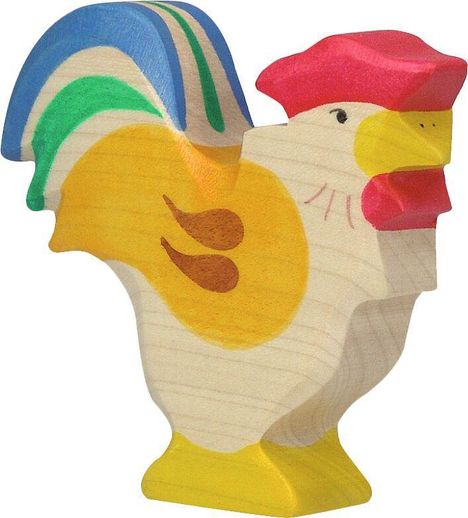 Holzspielzeug-Hahn mit rotem Kamm, buntem Schwanz und gelben Flügeln, kunstvoll bemalt.