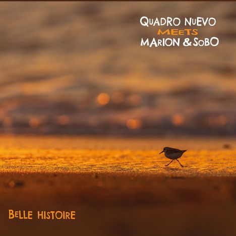 Oben: "Quadro Nuevo meets Marion & Sobo". Unten: "Belle Histoire". Ein Vogel läuft am Strand bei Sonnenuntergang.