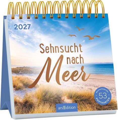 "Sehnsucht nach Meer", 2027, Wochenkalender, 53 Postkarten. Strand und Meer mit blauem Himmel, Möwen im Flug.