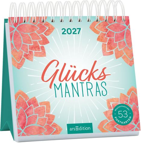 Text: "2027 Glücks Mantras", "53 Postkarten", "arsEdition". Spiralaufsteller mit floralen Mustern in Rot- und Orangetönen.