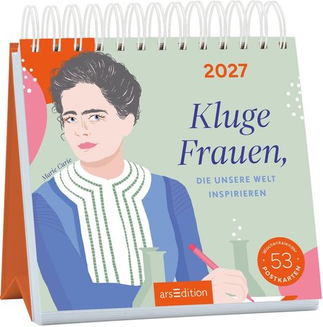 2027, Kluge Frauen, die unsere Welt inspirieren. Illustration von Marie Curie mit Laborutensilien, Logo von arsEdition.