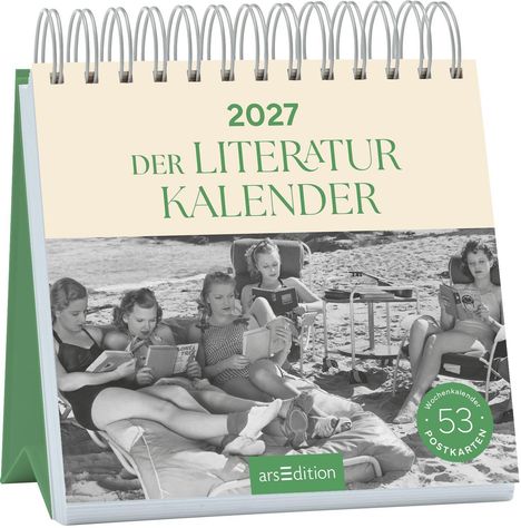"2027 Der Literatur Kalender". Fünf Frauen lesen Bücher am Strand; Tisch mit Radio, Postkartenkalender-Logo.