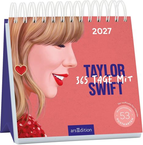"2027 TAYLOR SWIFT 365 TAGE MIT". Illustration: Seitliches Profil einer lächelnden Frau mit rotem Lippenstift.