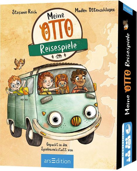 „Meine OTTO Reisespiele“ ist der Titel. Eine Illustration zeigt einen Bus mit fröhlichen Kindern und einem Vogel.